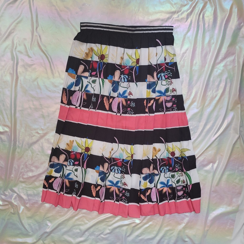 Sfizio Italian Designer Midi/Maxi Skirt With Floral Stripes And Pleats Size Xxl